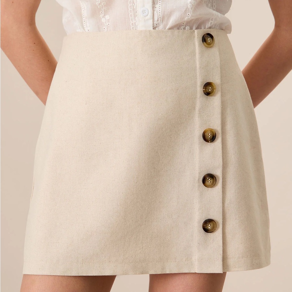 Rihoas Beige High-Waisted Cotton Button Mini Skirt